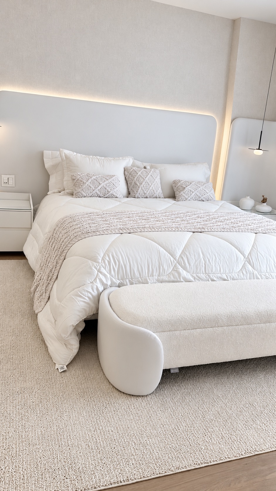 Quarto com cama branca, manta de tricô, almofadas e banco estofado