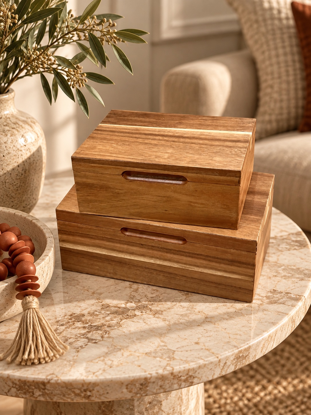 Caixas de madeira empilhadas sobre mesa de mármore, com vaso e contas decorativas
