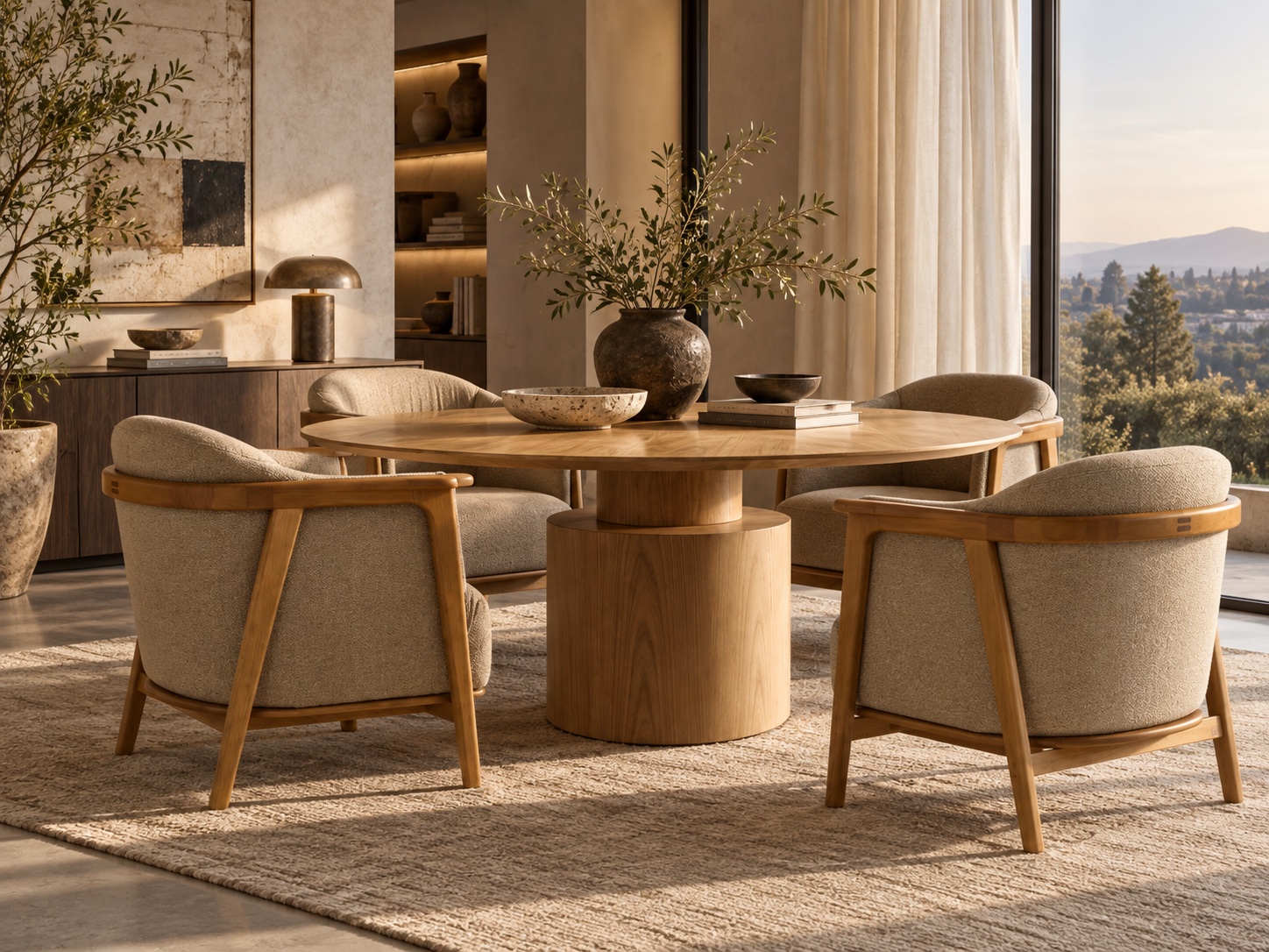 Sala de jantar com mesa redonda de madeira e poltronas estofadas