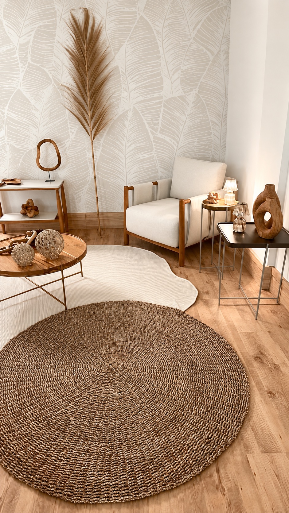 Sala com poltrona, mesas de apoio e tapete redondo de fibra natural